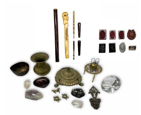 A collection of loose intaglio seals together with a high relief cameo, mixed metalware, a cast satyr brass escutcheon, rock 