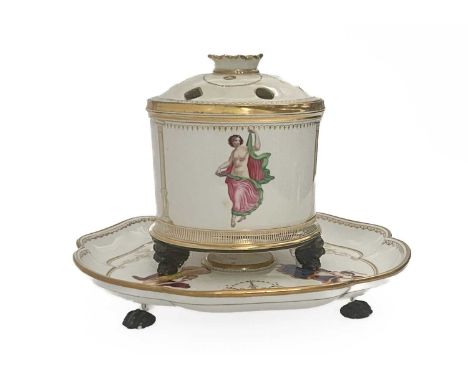 A Worcester porcelain pot pourri jar and stand, c. 1860, cylindrical jar standing on three winged mask feet with a pierced do