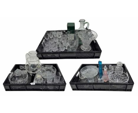 A quantity of glass wares including Edinburgh and Stuart Crystal including whisky tumbles, jugs, cut glass bowls etc. (3 tray