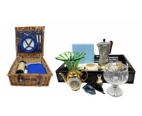 A vintage 'Optima' wicker picnic basket with contents, place settings for two, together with a collection of ceramic and glas