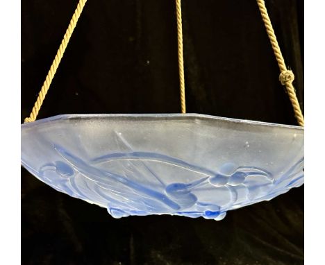 An early 20th-century frosted blue glass plafonnier/hanging light shade moulded with a relief design of birds and cherries, 3