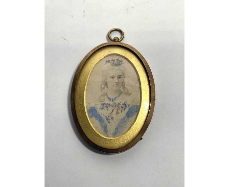 A portrait miniature, watercolour on paper, painted to depict a woman in a powdered wig and blue floral dress, within an oval