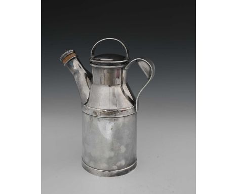 A Reed and Barton American silver plated novelty cocktail shaker, in the form of a milk churn, strap handles and cork stopper