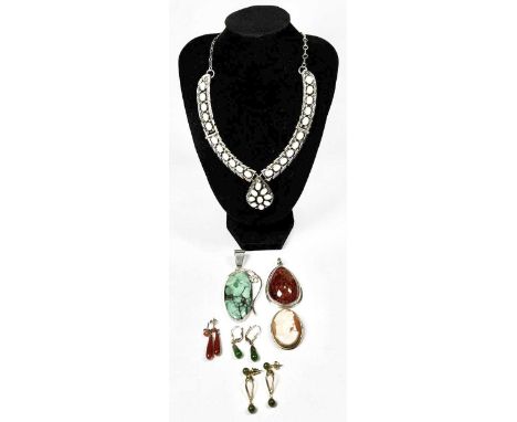 A selection of silver and yellow metal gem-set jewellery, to include a silver synthetic opal necklace, a silver turquoise pen