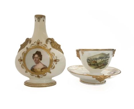 Kerr &amp; Binns Worcester porcelain vase, c.1860, flattened bottle shape on an elliptical foot with two gilt satyr masks aff