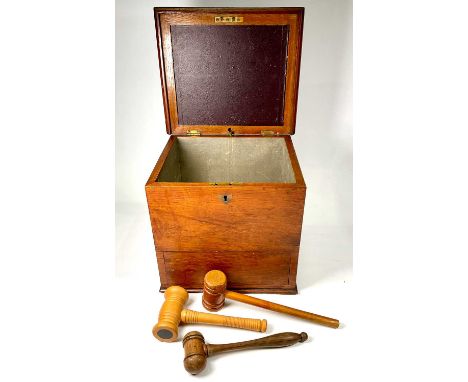 A 19th-century satinwood box with brass escutcheon, the upper compartment is foil-lined with a spring-button release lower dr