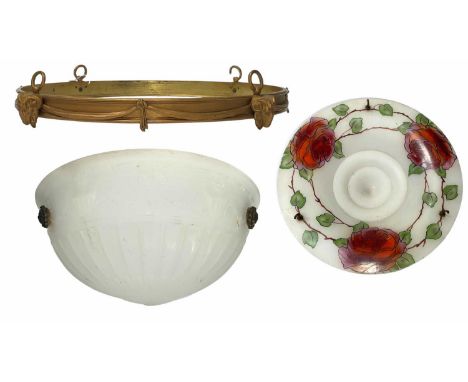 Three ceiling lights and fittings, two moulded frosted glass shades, one with painted rose decoration and a gilt metal ring w