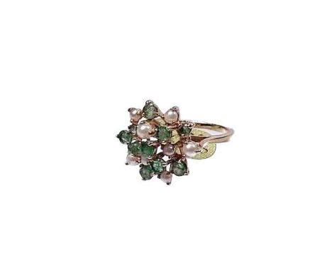 A 1970s 9ct gold emerald and cultured pearl cluster ring, hallmarks for London 1972, ring size N, 3.7g