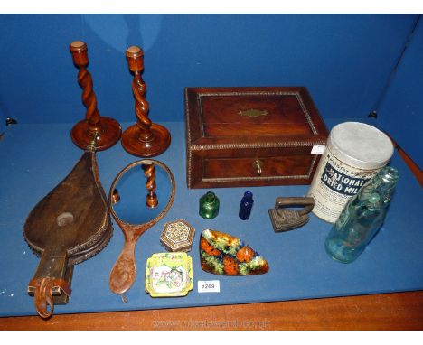 A quantity of miscellanea to include bellows, Georgian wooden box a/f., pair of wooden turned candlestick holders and hand mi
