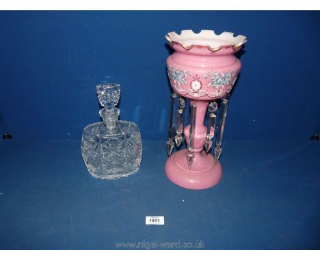 A pink Lustre with droppers and a cut glass barrel shaped Decanter