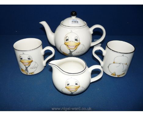 A 'Back to Front' Duck Pattern Tea for Two Set of Teapot, Jug and Two Mugs by Arthur Wood.