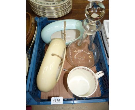 Two hanging bird feeders, Wedgwood coronation tankard and a glass Decanter by Warlin Rushbrook.