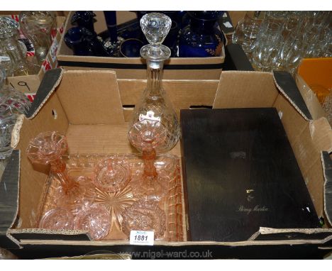 A Decanter with a sherry label, a set of six Remy Martin Cognac glasses in box, and a cut glass dressing table set