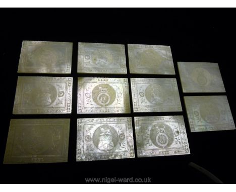 Eleven rectangular antique oriental mother of pearl Gaming Counters beautifully engraved with stylised flowers and borders an