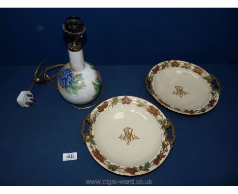 A china based lamp with hand painted hydrangea heads, I. Rambent and a pair of Tazzas (one a/f)