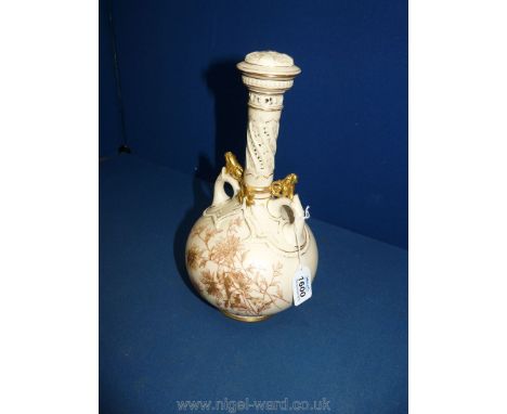 A large Royal Worcester porcelain blush ivory globular long neck bottle Vase with eastern influence with reticulated neck and