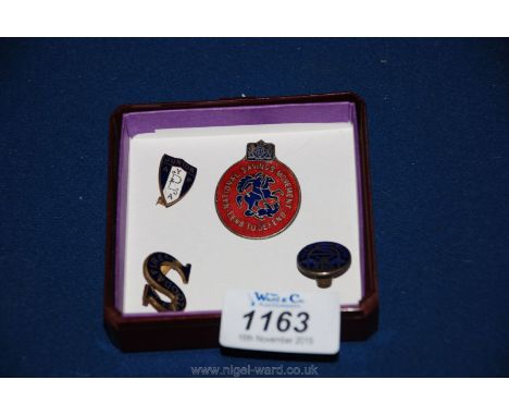 Four enamel badges - national savings, blood &amp; fire, a junior AYP and a merit badge.