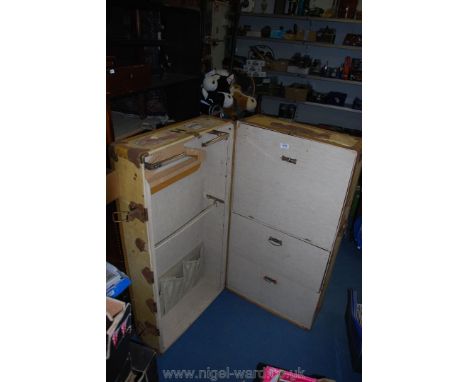 A large Victorian travel trunk in cream with drawers and wardrobe space, locks a/f.