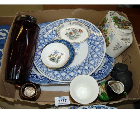 A quantity of china including  Spode plate, meat plate, three Wedgwood pin dishes, Twinning &amp; Co Ltd lidded tea caddy and
