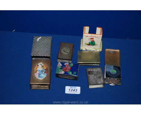 A box of vintage matchbox cases, one brass with enamel Victorian lady, pottery etc.