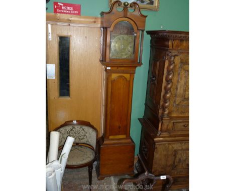 A Pine cased Longcase Clock having a swan neck pediment to the hood and brass sphere finial, flanked by reeded columns, the c