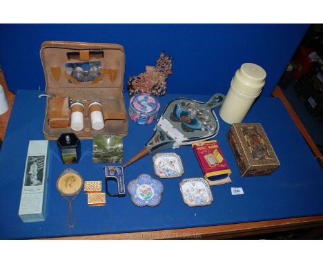A quantity of miscellaneous items including a soapstone ornament a/f, a ashtray and a set of coasters, three enamel pin dishe