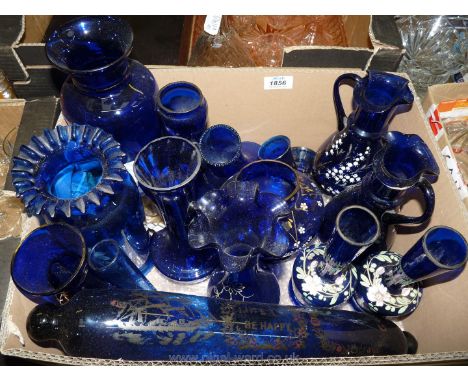 Fourteen Bristol blue items including vases, rolling pin, jugs etc.