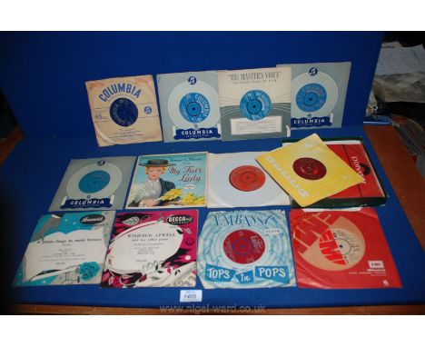 Miscellaneous 45 rpm records including 'My Fair Lady', 'Leaning on a lamp post', Al Jolson, Winifred Atwell, 'My old man's a 