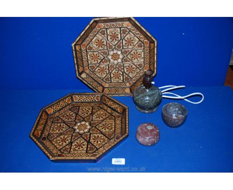 Two decorative wood trays, small octagonal marble lamp, Cornish serpentine dish and marble pot.