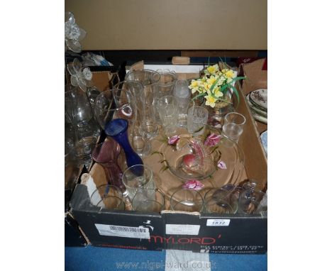 A quantity of glass including bud vases, various small glasses, fish a/f, swan trinket dish, etc.,