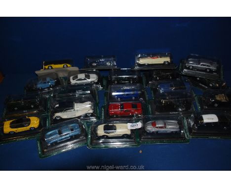 A quantity of scale model 1:43 cased cars including Austin Healey 100, Fiat 500, Bugatti Royale etc.