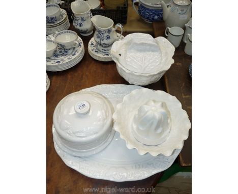 A cabbage leaf design Spode ceramic bowl (a/f.) and tureen and ladle, large white platter, white china jelly mould and cheese