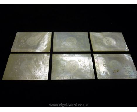 Six large rectangular antique oriental mother of pearl Gaming Counters beautifully engraved with stylised flowers and borders