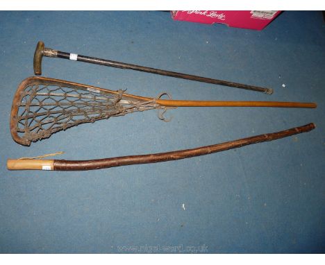 A horn handled walking Stick with silver collar in poor condition, stick damaged, and old Lacrosse stick and a hiking stick