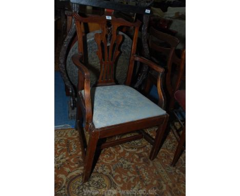 An elegant Georgian design Carver Chair having elegant carved and fretworked splat and drop-in pale turquoise coloured uphols