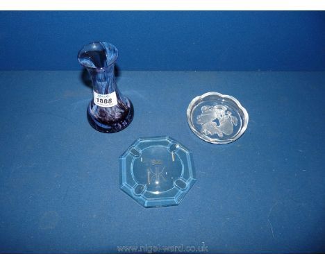 A small Caithness purple Vase, glass ashtray and glass pin dish.