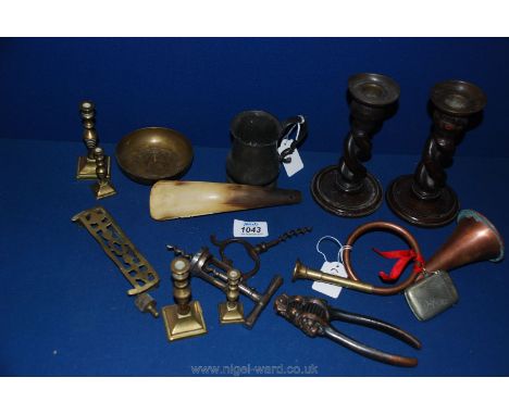 Miscellaneous items to include pewter mug, hunting horn, cork screws, candlesticks and vesta case.