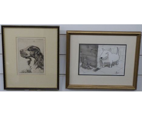 Signed etching of a springer spaniel 'A Loyal Friend', 17 x 12cm, and a 20thC cartoon of bull terrier toying with a cat, sign