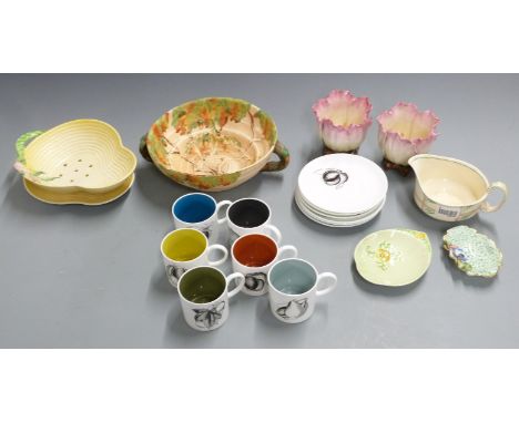 A collection of ceramics including Carltonware, Susie Cooper, Royal Worcester, pair of majolica flower vases etc, tallest 9cm