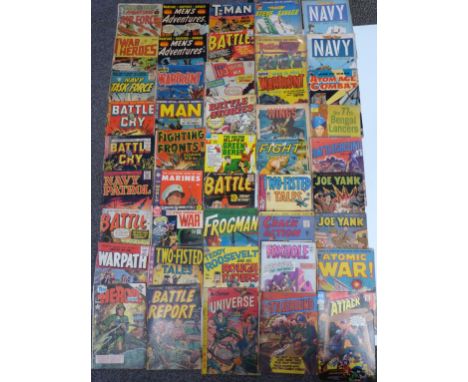 Forty-six vintage war, fighting and military comics including War Heroes, Battle Cry, Navy Task Force, Fighting Air Force, Na
