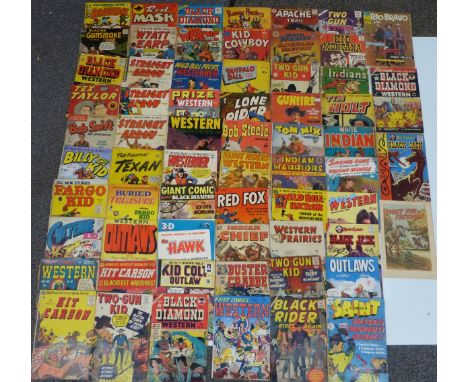 Sixty-four vintage cowboy and Western comics including Outlaws, Rio Bravo, Black Diamond, Black Jack, Two Gun Western, Tim Ho