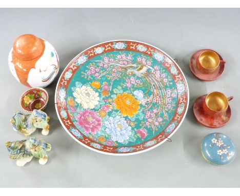 Japanese charger with marks to base, two cloisonné items, two Japanese lacquer cups and saucers, Japanese ginger jar and a pa