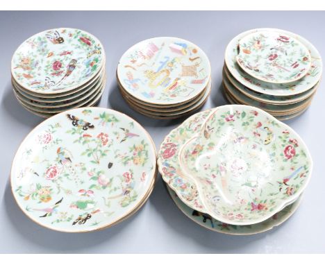 Twenty-six 19th/20thC Chinese plates decorated with auspicious symbols, birds, butterflies and flowers, some items with under