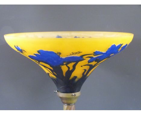Galle style standard lamp with orange and blue cameo&nbsp;glass shade decorated with irises, raised on Art Nouveau style bron