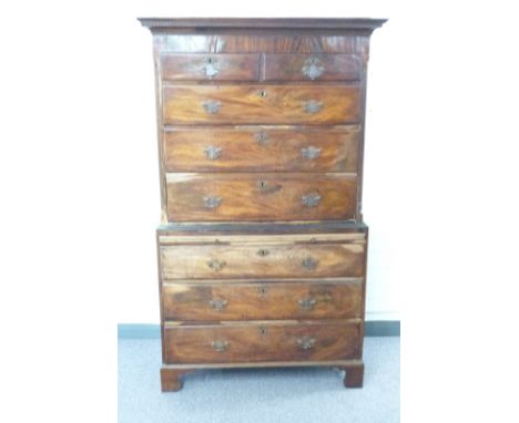 Georgian mahogany tallboy or chest on chest of two over six graduated drawers with cornice and brush slide, raised on bracket