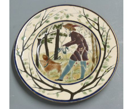 Zsolnay Pecs plate decorated with a man and two dogs, diameter 21cm&nbsp;