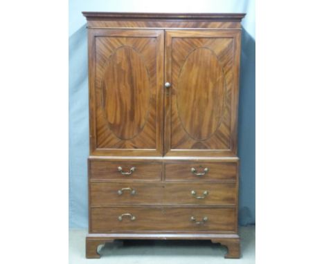 Victorian mahogany housekeeper's cupboard with inlaid decoration, five sliding shelves and two over two drawers, raised on br