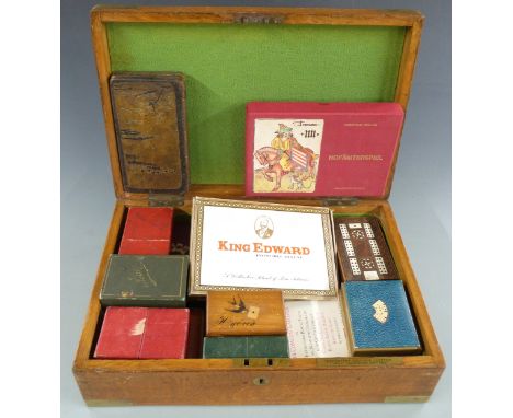 Quantity of playing card boxes including leather slip cases, Tunbridge inlaid cribbage board and the Compleat Gamester set wi