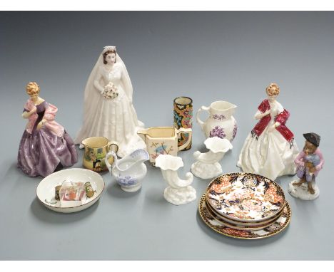 Royal Worcester figurines Queen Elizabeth II and First Dance x 2, jugs, Crown Derby, continental monkey band figure etc&nbsp;