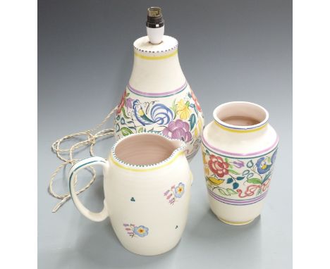 Poole Pottery lamp, vase and jug, tallest 40cm